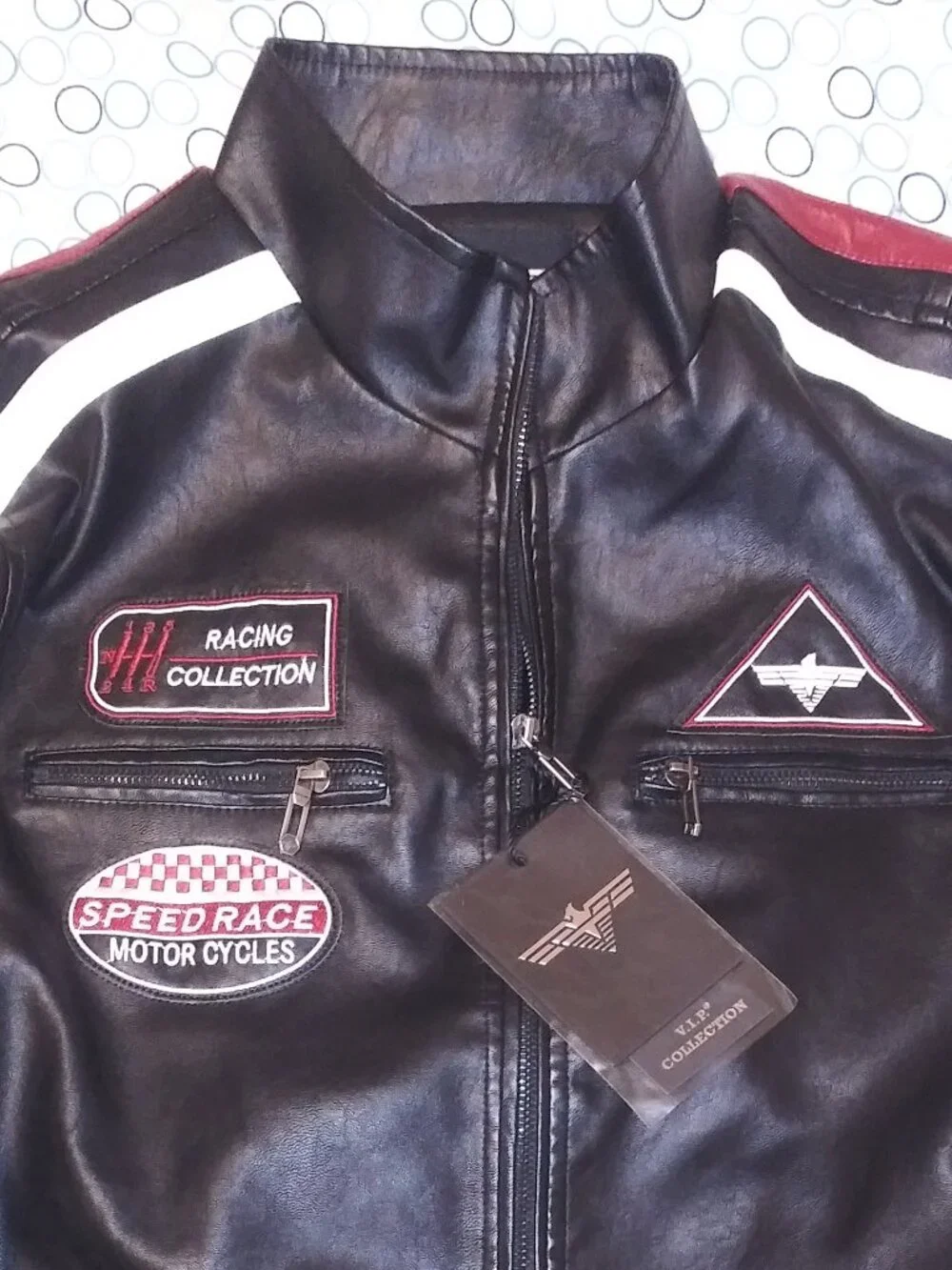 V.I.P. Collection Men’s Black Racing Motorcycle Jacket Red White Stripes Size -L